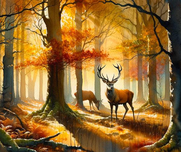 Papier peint cerf aquarelle forêt jaune