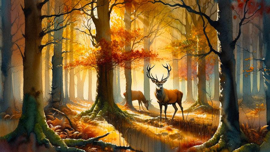 Papier peint cerf aquarelle forêt jaune