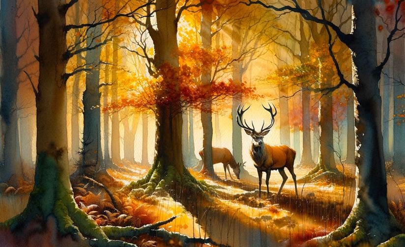 Papier peint cerf aquarelle forêt jaune