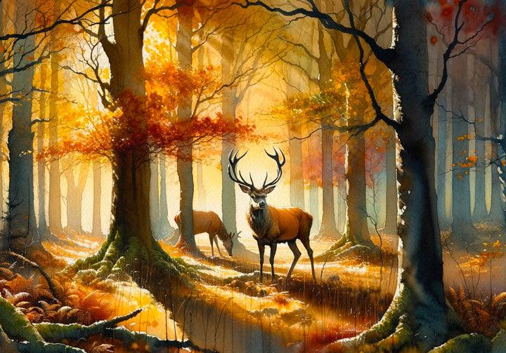 Papier peint cerf aquarelle forêt jaune