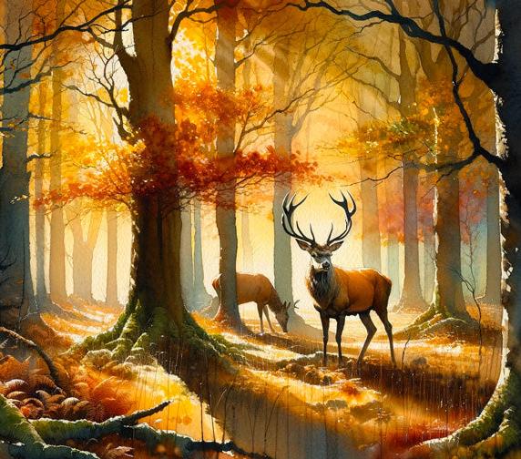 Papier peint cerf aquarelle forêt jaune
