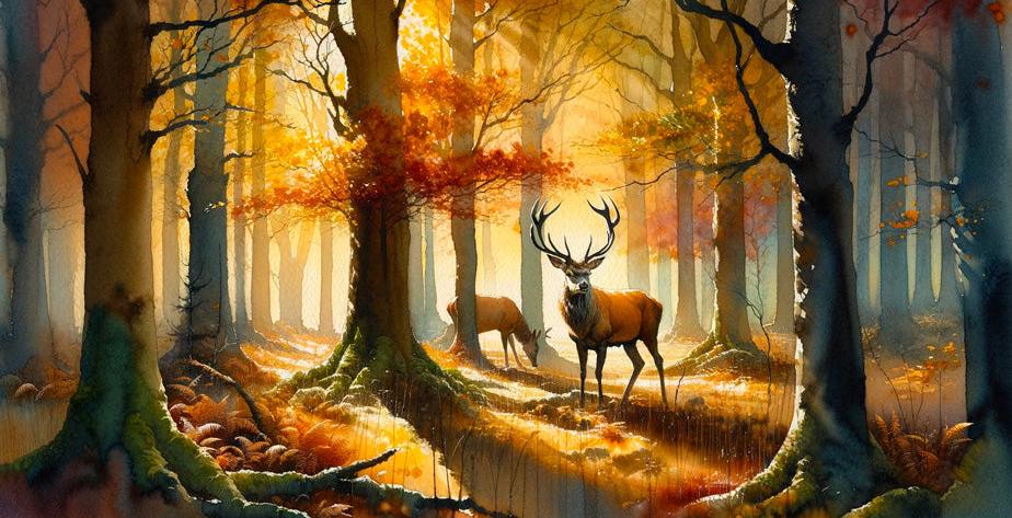 Papier peint cerf aquarelle forêt jaune