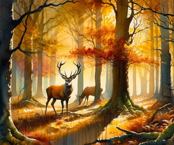 Papier peint cerf aquarelle forêt jaune