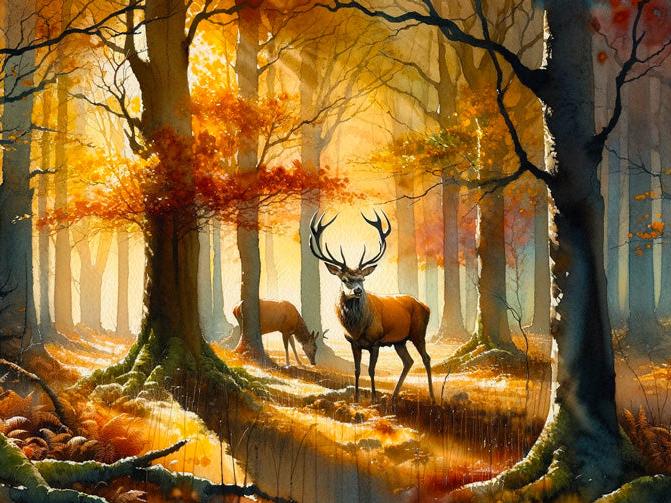 Papier peint cerf aquarelle forêt jaune