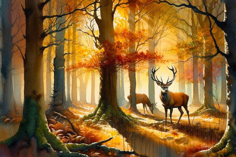 Papier peint cerf aquarelle forêt jaune