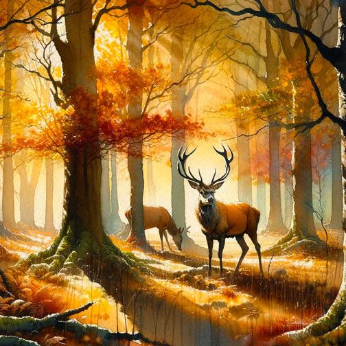 Papier peint cerf aquarelle forêt jaune
