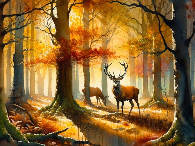 Papier peint cerf aquarelle forêt jaune