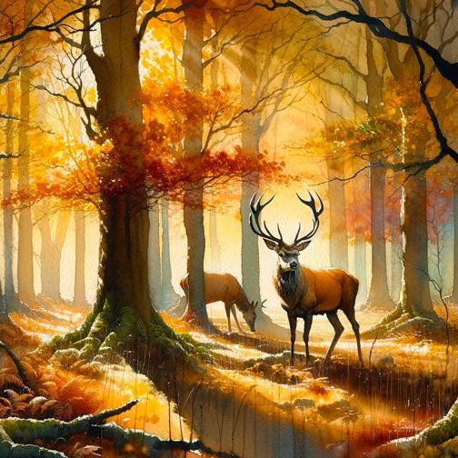 Papier peint cerf aquarelle forêt jaune