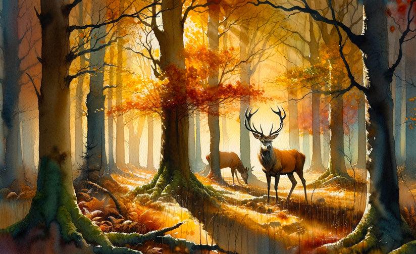 Papier peint cerf aquarelle forêt jaune