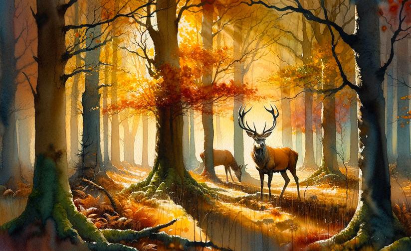 Papier peint cerf aquarelle forêt jaune