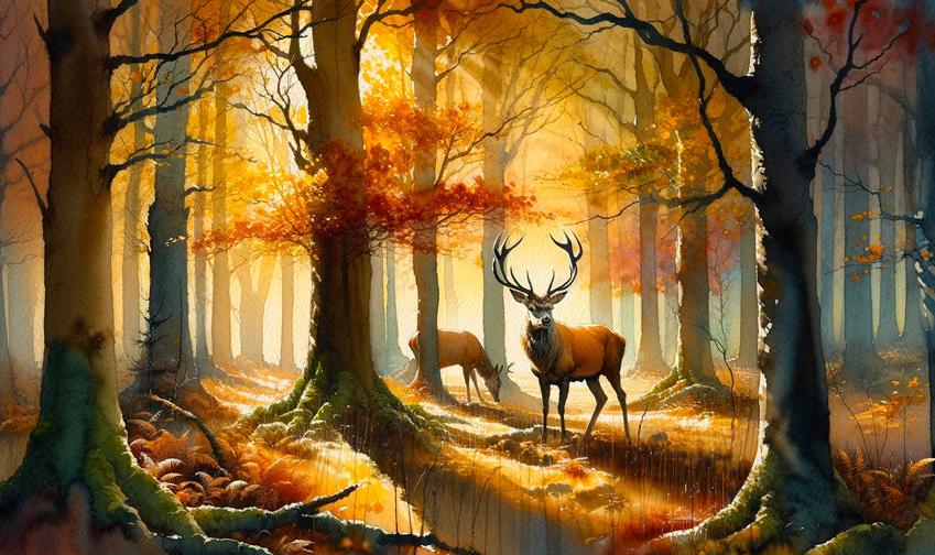 Papier peint cerf aquarelle forêt jaune