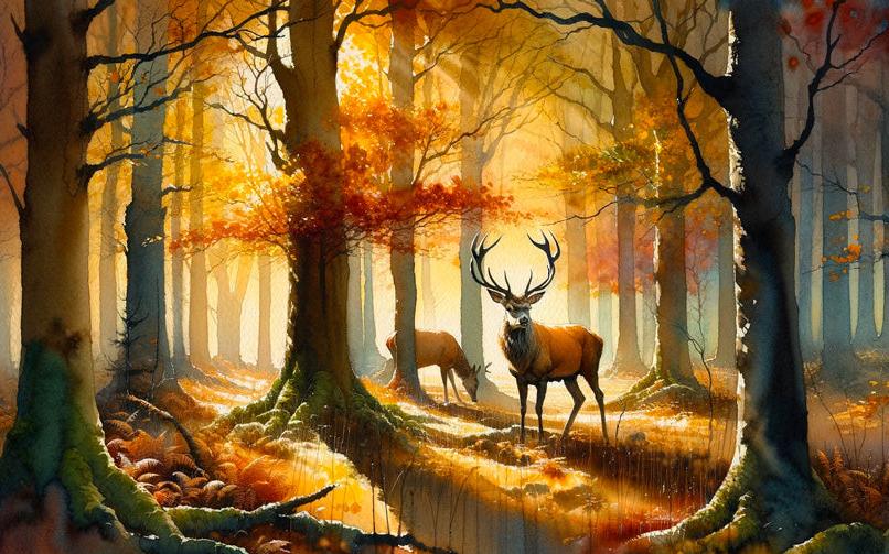 Papier peint cerf aquarelle forêt jaune