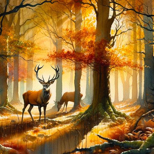 Papier peint cerf aquarelle forêt jaune