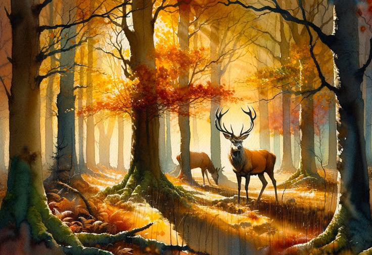 Papier peint cerf aquarelle forêt jaune