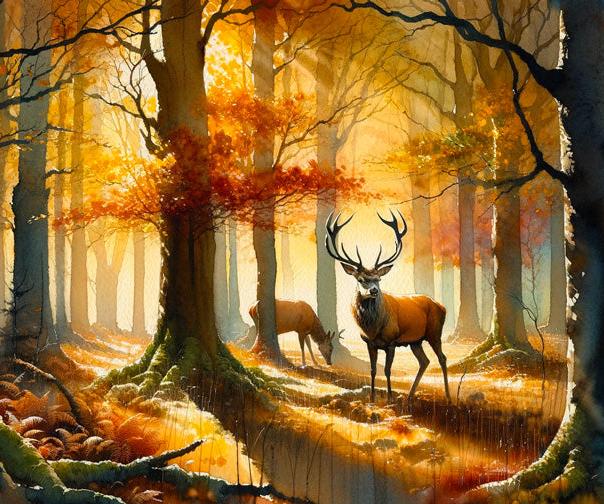 Papier peint cerf aquarelle forêt jaune