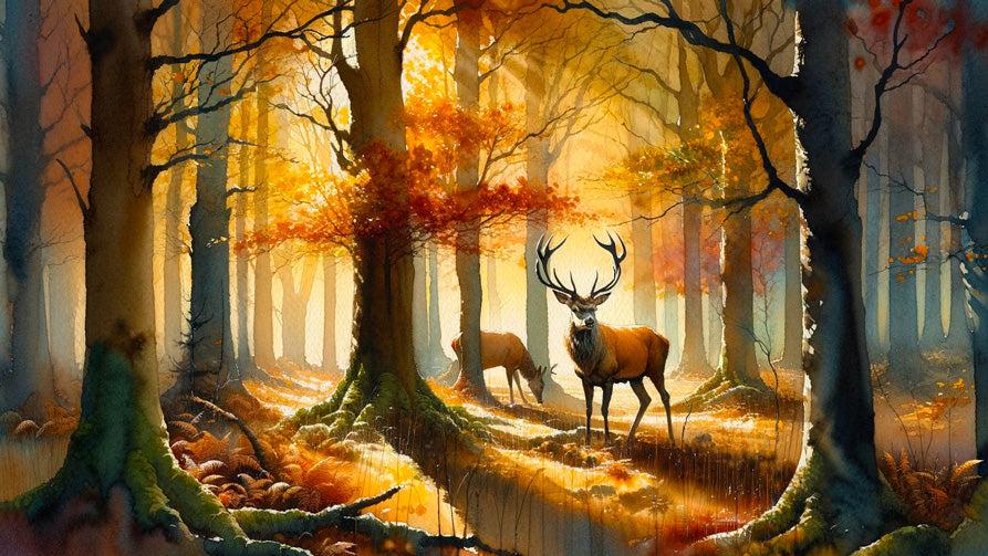 Papier peint cerf aquarelle forêt jaune