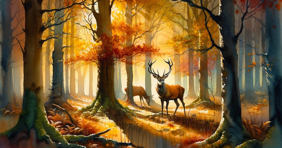 Papier peint cerf aquarelle forêt jaune