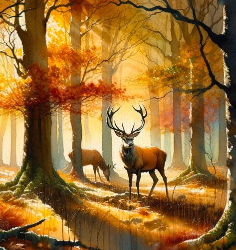 Papier peint cerf aquarelle forêt jaune