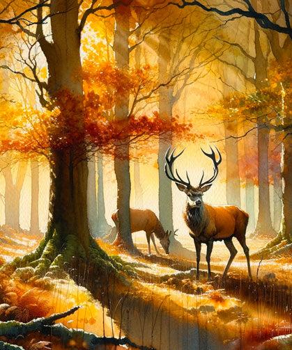 Papier peint cerf aquarelle forêt jaune