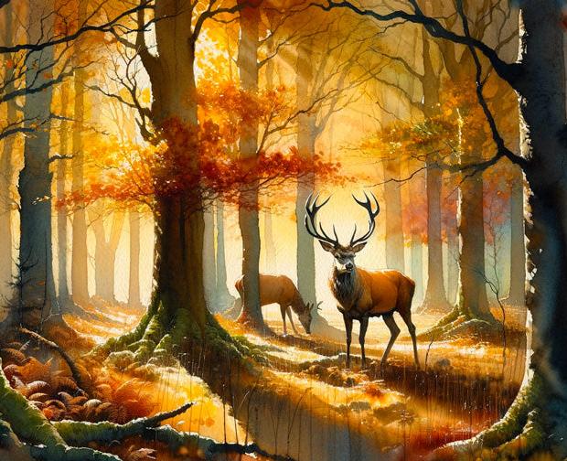Papier peint cerf aquarelle forêt jaune