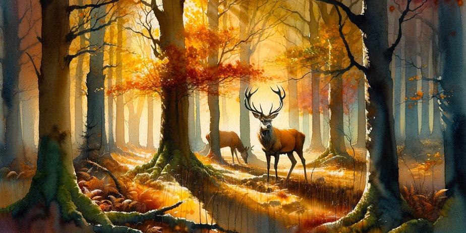 Papier peint cerf aquarelle forêt jaune