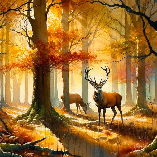 Papier peint cerf aquarelle forêt jaune