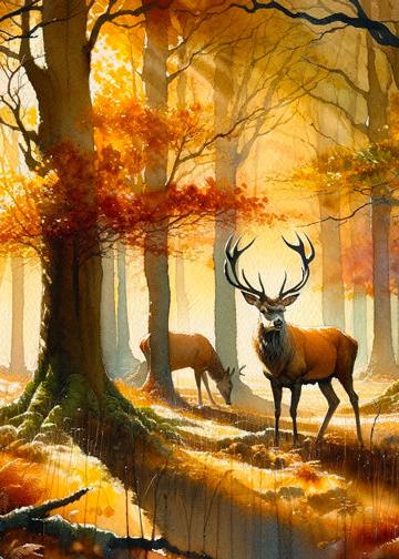 Papier peint cerf aquarelle forêt jaune