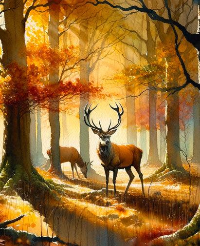Papier peint cerf aquarelle forêt jaune