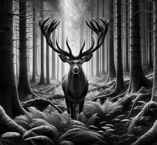 Papier peint cerf noir et blanc forêt de fougères