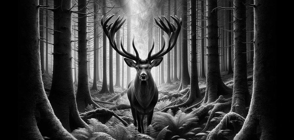 Papier peint cerf noir et blanc forêt de fougères