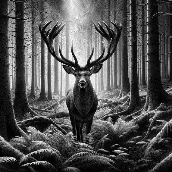 Papier peint cerf noir et blanc forêt de fougères