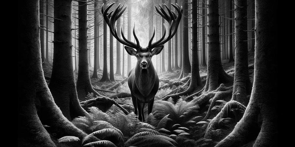 Papier peint cerf noir et blanc forêt de fougères