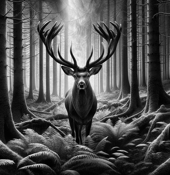 Papier peint cerf noir et blanc forêt de fougères