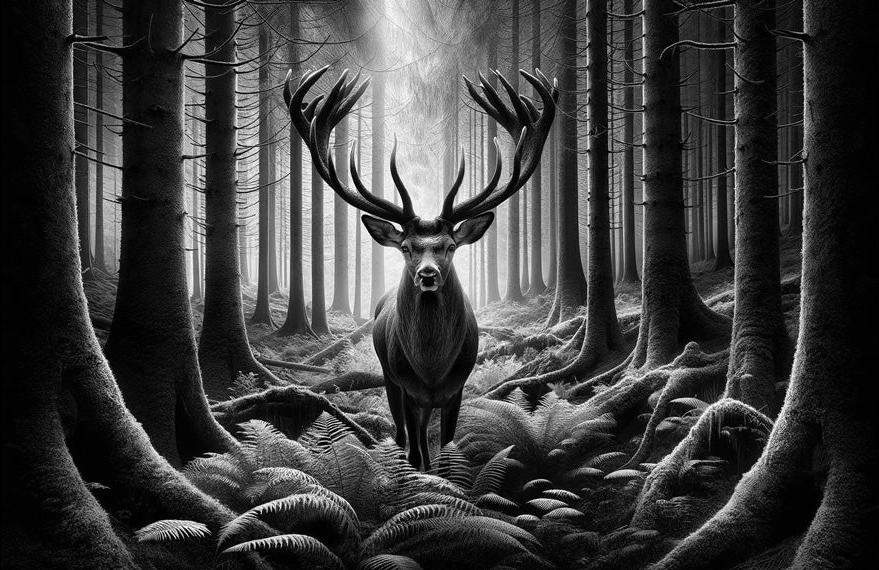 Papier peint cerf noir et blanc forêt de fougères