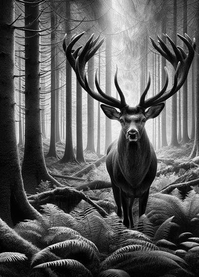Papier peint cerf noir et blanc forêt de fougères