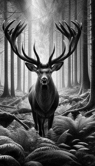 Papier peint cerf noir et blanc forêt de fougères