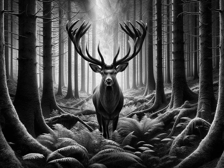 Papier peint cerf noir et blanc forêt de fougères