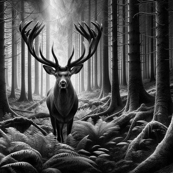 Papier peint cerf noir et blanc forêt de fougères