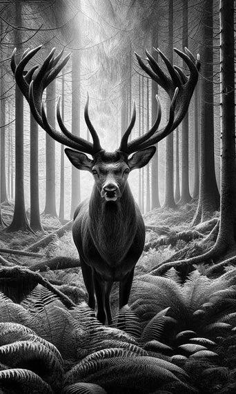 Papier peint cerf noir et blanc forêt de fougères