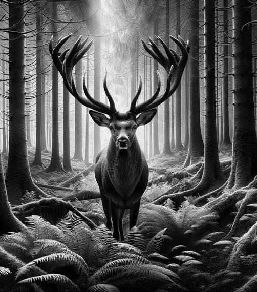 Papier peint cerf noir et blanc forêt de fougères