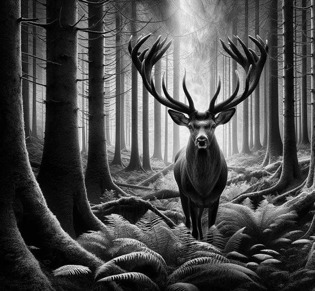 Papier peint cerf noir et blanc forêt de fougères