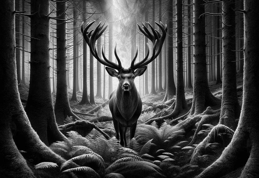 Papier peint cerf noir et blanc forêt de fougères