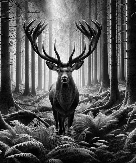 Papier peint cerf noir et blanc forêt de fougères