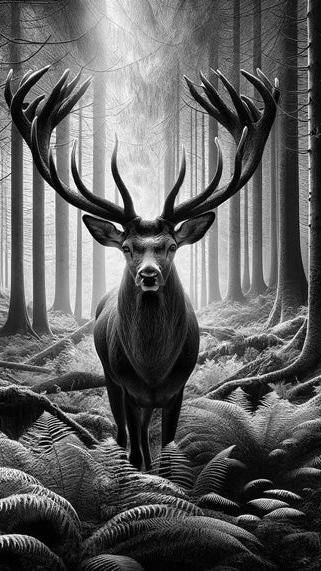 Papier peint cerf noir et blanc forêt de fougères