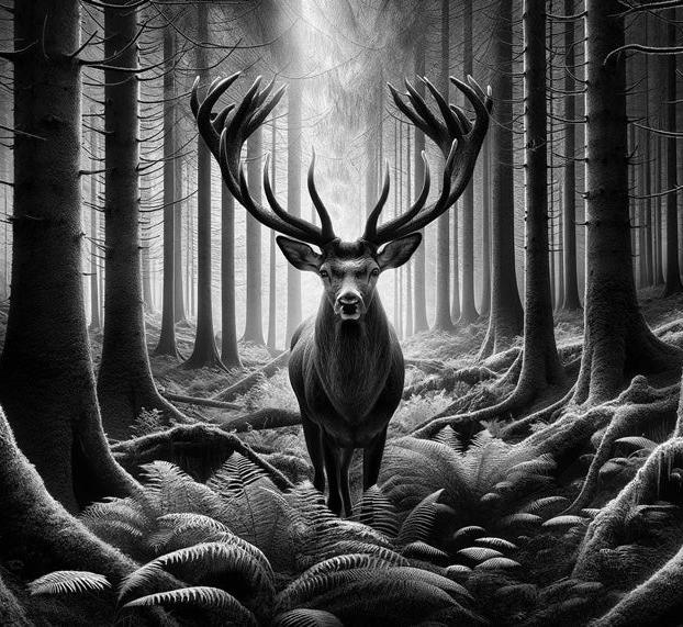 Papier peint cerf noir et blanc forêt de fougères
