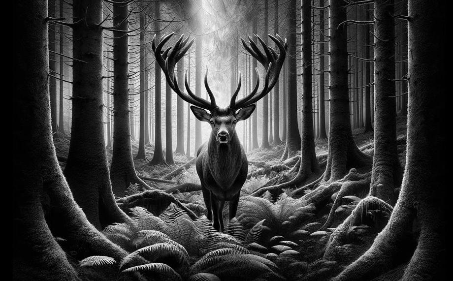 Papier peint cerf noir et blanc forêt de fougères