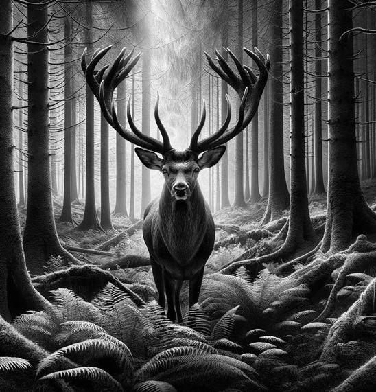 Papier peint cerf noir et blanc forêt de fougères