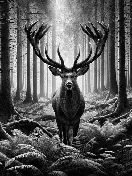 Papier peint cerf noir et blanc forêt de fougères