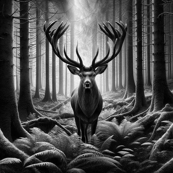 Papier peint cerf noir et blanc forêt de fougères