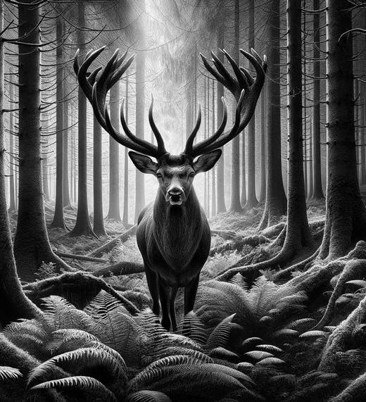 Papier peint cerf noir et blanc forêt de fougères